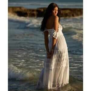 PQ SWIM Victoria Smocked Maxi Dress Women's Size M/L NWT White Boho Ethereal